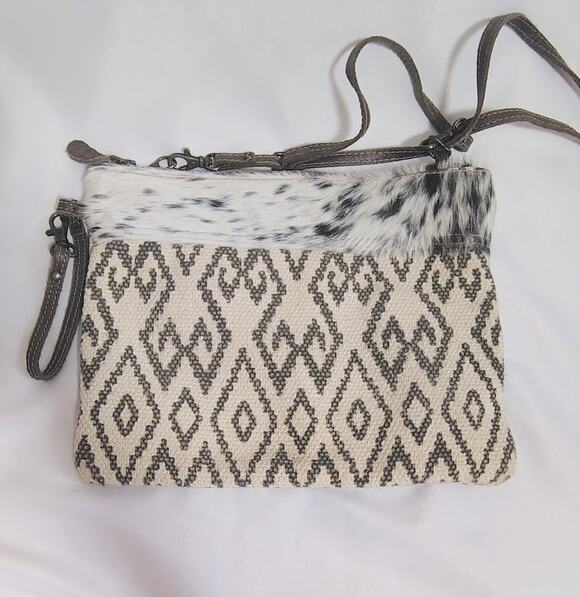 Myra Handbags - Myra Crossbody Bag Black and White Cowhide Aztec-Style Boho